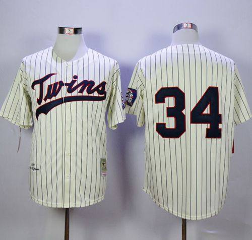 Mitchell And Ness Twins #34 Kirby Puckett Cream Strip Throwback Stitched MLB Jersey - Click Image to Close
